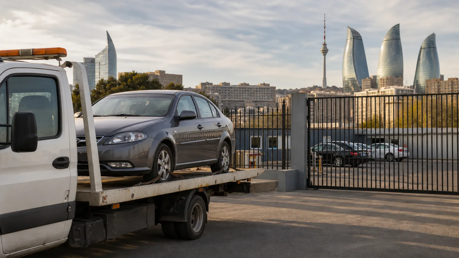 Автомобиль на эвакуаторе у въезда на охраняемую стоянку в городском автомобильном сюжете